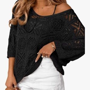 DOKOTOO Crochet Hollow Out 3/4 Sleeve Pullover Off Shoulder Sweater XXL
